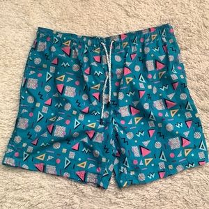 Broken Threads Teal Blue 80s Print Board Shorts